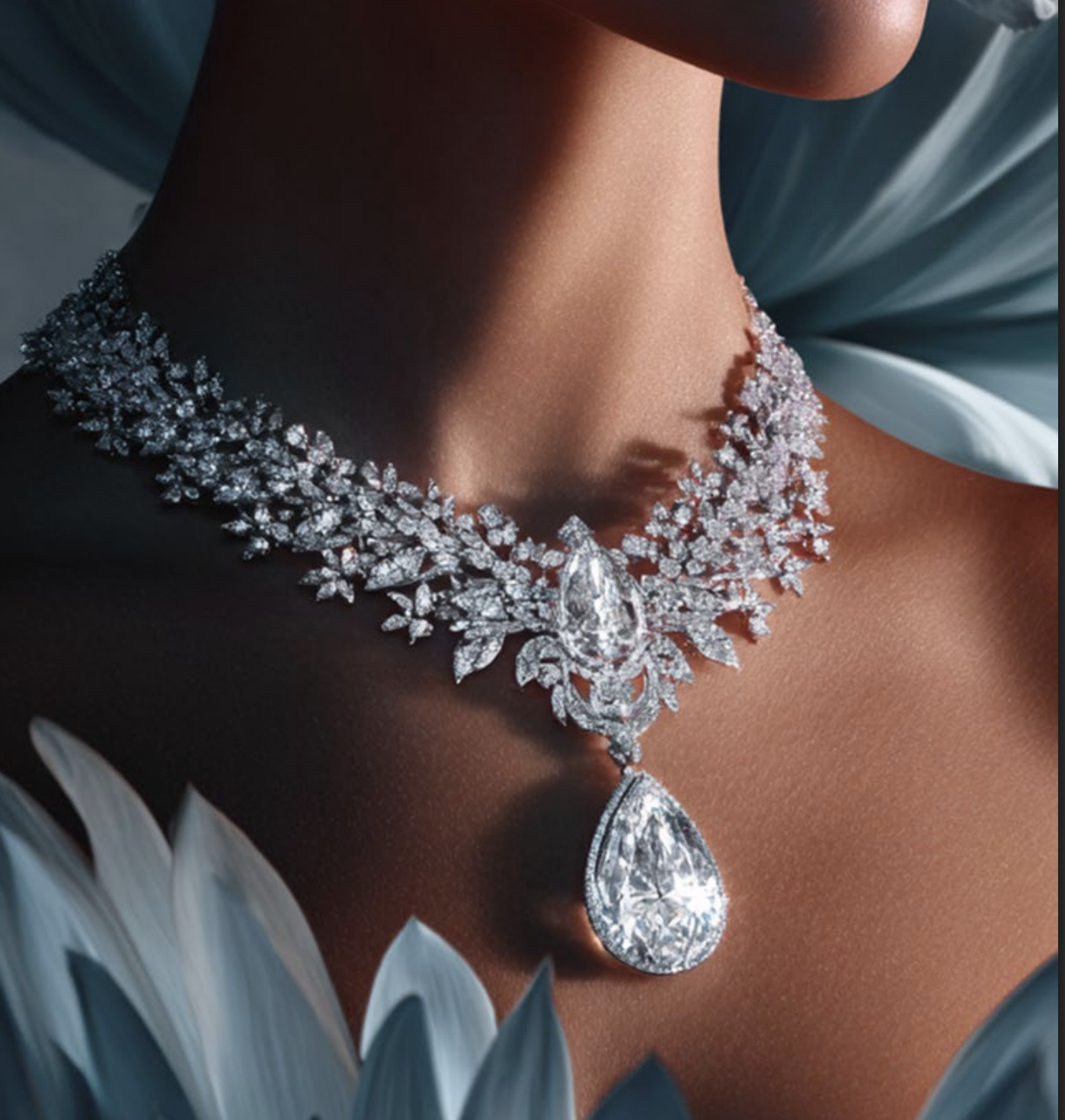Diamond leaf necklace with pear drop